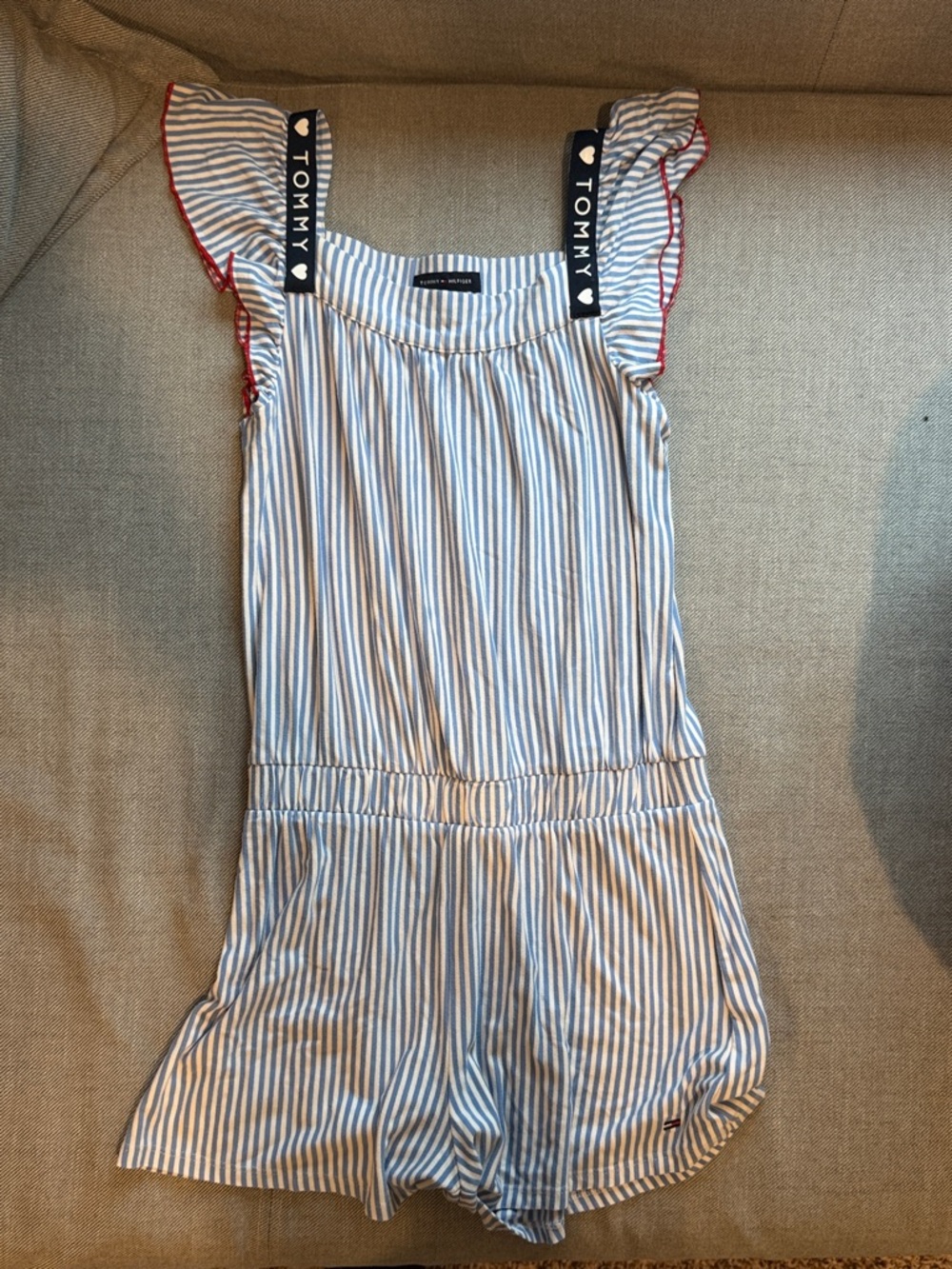 Tommy Hilfiger Navy & White Striped Girls' Romper with Red Trim